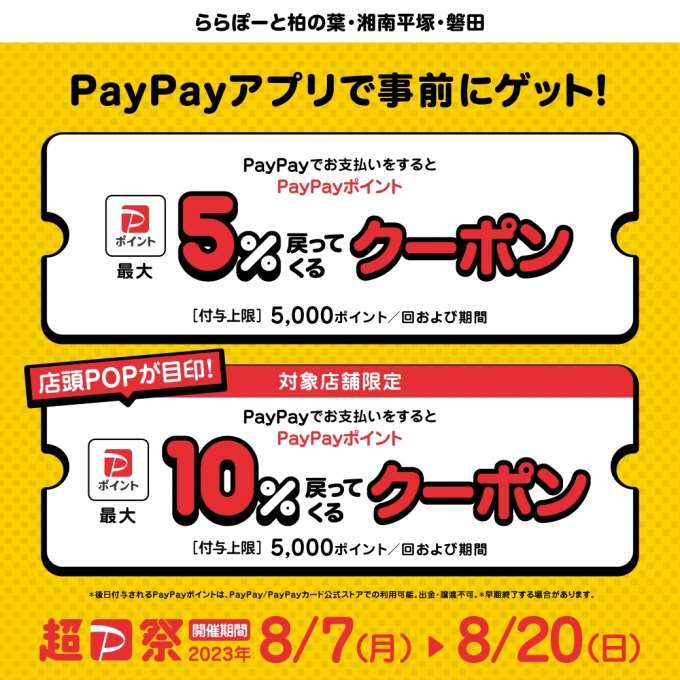 【予告】期間限定★8/7（月）～8/20（日）「PayPay5％戻ってくるクーポン」